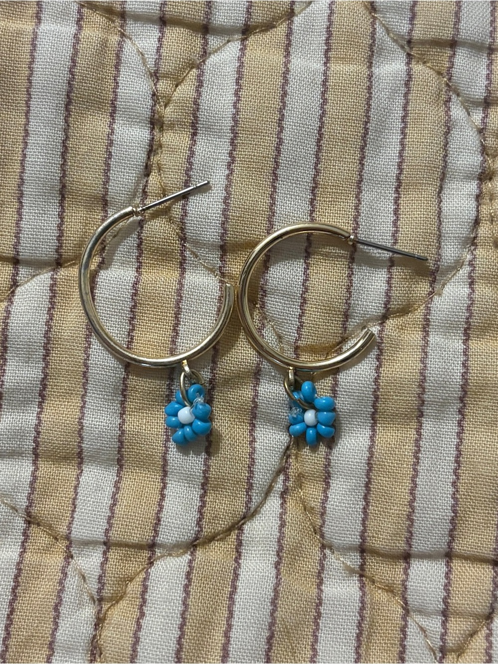 Handmade Gold Tone Hoop Earrings with Turquoise Beaded Flower Charms